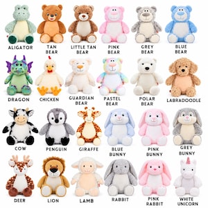 May include: A collection of twenty-four plush stuffed animals arranged in four rows, including bears, bunnies, a dragon, chicken, cow, penguin, giraffe, deer, lion, lamb, and unicorn, each labeled with its name in black text below.