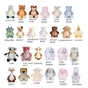 May include: A collection of plush stuffed animals in various colors and designs, including bears, bunnies, and other creatures. Each toy has a unique appearance and is labeled with its name.
