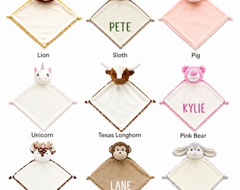 May include: A collection of nine square plush security blankets, each featuring a different stuffed animal head at the top corner. The animals include a lion, sloth with the name PETE, pig, unicorn, Texas longhorn, pink bear with the name KYLIE, deer, monkey with the name LANE, and a grey bunny.