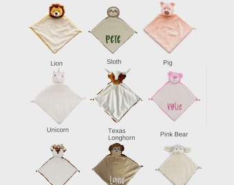 Personalized Animal Security Blanket, Embroidered Plush Lovey