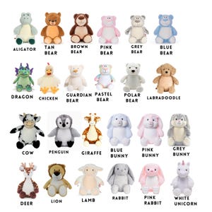 May include: A collection of twenty-four plush stuffed animals arranged in four rows. The animals include an alligator, tan bear, brown bear, pink bear, grey bear, blue bear, dragon, chicken, guardian bear, pastel bear, polar bear, labradoodle, cow, penguin, giraffe, blue bunny, pink bunny, grey bunny, deer, lion, lamb, rabbit, pink rabbit, and white unicorn, each labeled with its name below.