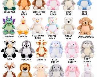May include: A collection of twenty-four plush stuffed animals arranged in four rows, including bears, bunnies, a dragon, chicken, cow, penguin, giraffe, deer, lion, lamb, and unicorn, each labeled with its name in black text below.