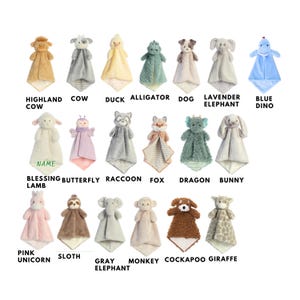 May include: Collection of plush animal security blankets in various colors and designs. Includes a Highland cow, cow, duck, alligator, dog, elephant, and blue dino. Other animals include a lamb, butterfly, raccoon, fox, dragon, bunny, unicorn, sloth, monkey, cockapoo, and giraffe.