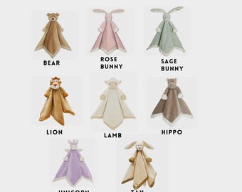 Personalized Lovey Security Blanket, Embroidered Animal Baby Gift