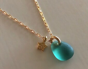 Authentic Teal Green Sea Glass Necklace, 14K Gold Filled Necklace, Sea Glass Necklace, Star Necklace, Sea Glass Jewelry, Charm Necklace