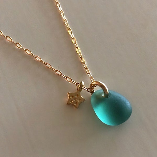 Authentic Teal Green Sea Glass Necklace, 14K Gold Filled Necklace, Sea Glass Necklace, Star Necklace, Sea Glass Jewelry, Charm Necklace