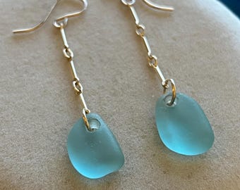 Aqua Sea Glass Earrings: 14k Gold-Filled Dangle Jewelry