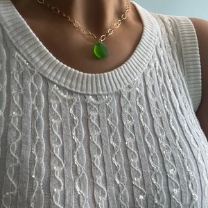 Genuine Green Sea Glass Necklace, Sea Glass Necklace, Sea Glass Pendant, Gold Choker, Gold Choker Necklace, Choker, Sea Glass Jewelry