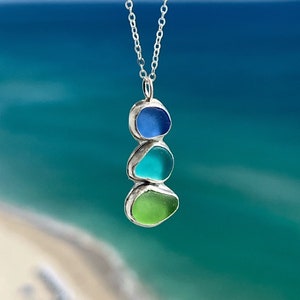 Genuine Ombré Aqua Blue Green Sea Glass Necklace, Sea Glass Pendant, Sea Glass Bezel, Sea Glass Necklace, Silver Necklace, Aqua Sea Glass