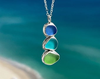 Genuine Ombré Aqua Blue Green Sea Glass Necklace, Sea Glass Pendant, Sea Glass Bezel, Sea Glass Necklace, Silver Necklace, Aqua Sea Glass