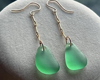 Green Sea Glass Earrings: 14k Gold-Filled Dangle Jewelry