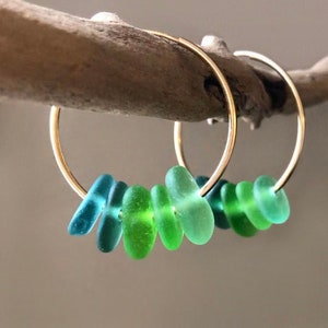 Authentic Green Ombre Sea Glass Earrings: 14K Gold Filled Hoops