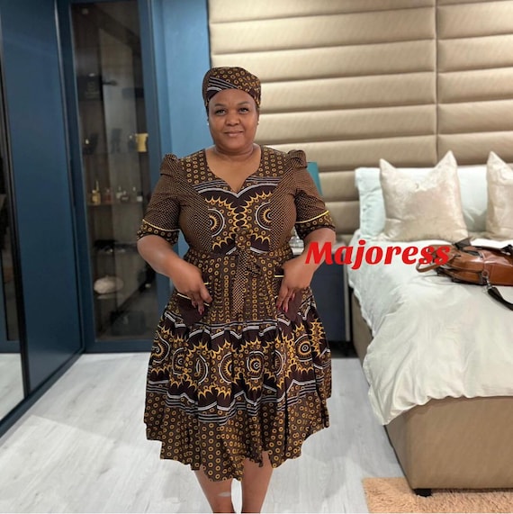 brown and gold shweshwe dresses Tswana Xhosa Sotho Zulu Dress South African Print Dress for Women Size:US16 heel:Flat Women's What A Delight