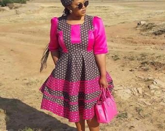 Brown flared african ankara s dress gown Xhosa Zulu sotho South African dress Seshoeshoe Shweshwe