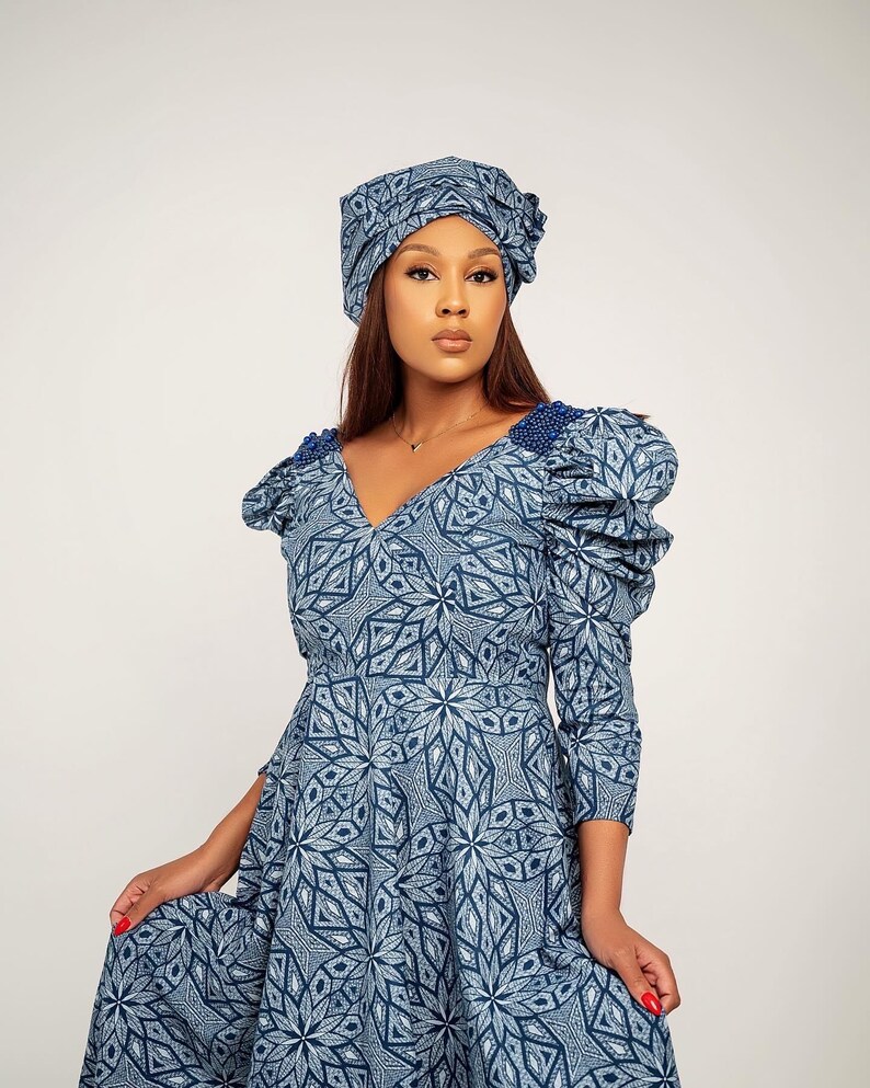 Women's Blue Tribal Printed Shoulder Straps Fit & Flare Dress With Shrug
