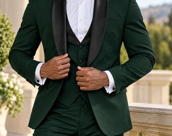 Dark Green Tuxedo Suit Black Shawl Lapel Three Piece Wedding Prom Groomsmen Custom Fit