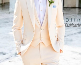 Natuurlijk beige linnen pak: driedelig bruiloftskostuum voor heren