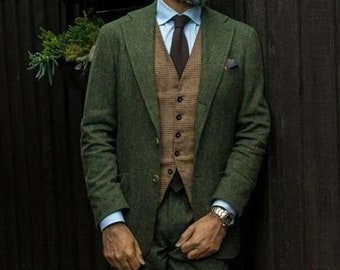 Green Tweed Suit - Elegant Green Suit - Green Tweed Groom Suit - Slim Fit Suit - Groom Party Wear Suit - Bespoke Wedding Attire Groom Suit