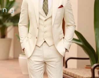 Crème linnen driedelig pak heren: bruidegom bruiloft