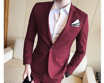 Traje de hombre - Traje para hombres - Traje de hombre granate - Traje de hombre elegante - Traje a medida - Traje de moda formal - Vestido de novia - Traje de fiesta para hombres