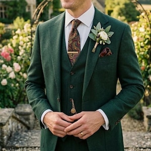 Groom wearing forest green three piece wedding suit with vest and boutonniere garden setting
