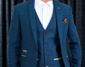 Men Suit - Men Blue 3Piece Suit - Men Tweed Suit - Elegant Tweed Suit - Groom Wear Suit - Gift For Groom - Slim Fit Party Wear Suit For Men