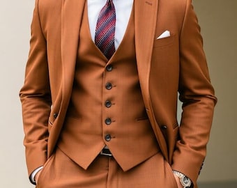 Bespoke Orange Three Piece Suit: Slim Fit Wedding Suit