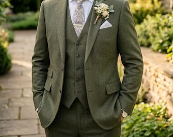 Olive Green Tweed Suit Men Rustic Wedding Groom Outfit Vintage Country Three Piece