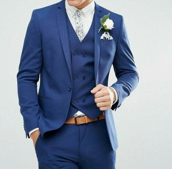 BLUE Three Piece Suit Wedding Wear Gift Men - Israel
