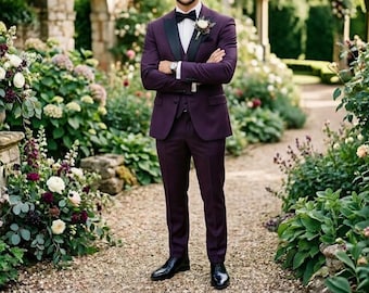 Plum Wedding Tuxedo Groom Suit Velvet Inspired Formal Evening Dinner Party Outfit