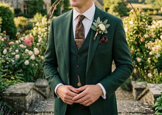 Forest Green Wedding Suit Men Three Piece Groom Tuxedo Garden Ceremony Formal Outfit