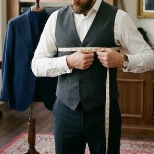 May include: A tailor measures a person's chest with a measuring tape. The person is wearing a gray vest, white shirt, and dark pants. A blue blazer is on a mannequin in the background. The scene takes place in a well-lit tailor shop with wooden furniture and bookshelves.