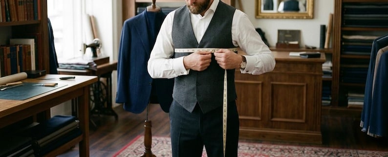 May include: A tailor measures a person's chest with a measuring tape. The person is wearing a gray vest, white shirt, and dark pants. A blue blazer is on a mannequin in the background. The scene takes place in a well-lit tailor shop with wooden furniture and bookshelves.