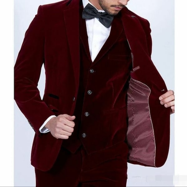Maroon Velvet Wedding Wear Suit For Groom - Formal Fashion Velvet 3 Piece For Men - Slim Fit Groomsmen Dress - Man Party Dress