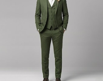 Dark olive green men suit three piece slim fit formal wedding groom attire