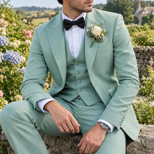 May include: A sage green three-piece suit comprising a tailored blazer, a matching button-up waistcoat, and trousers. The outfit is worn with a crisp white shirt, a black bow tie, and a white rose boutonniere featuring small green foliage sprigs.