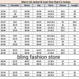 May include: A size chart for jackets and coats in inches, showing measurements for chest, shoulder, waist, hip, neck, sleeve, length, and height. The chart includes sizes from small to 3XL.