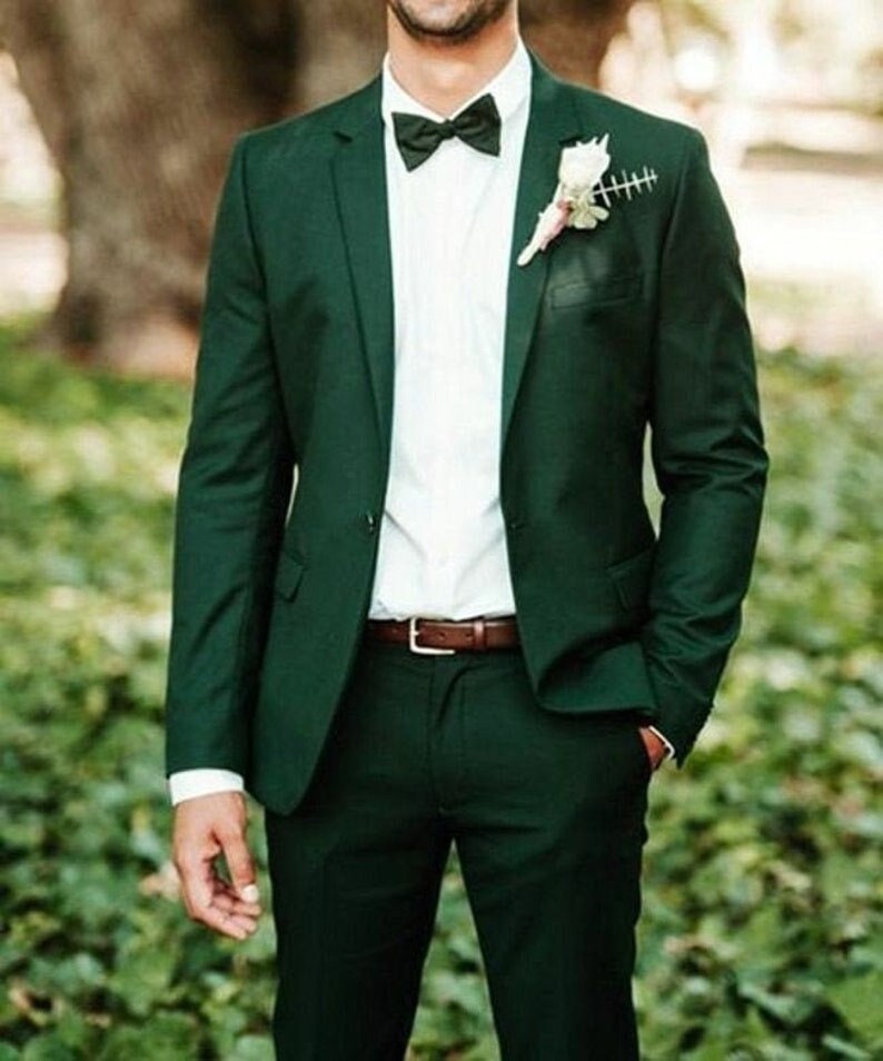 Dartmouth Green Textured Premium Wool-Blend Bandhgala/Jodhpuri Suits for Men .