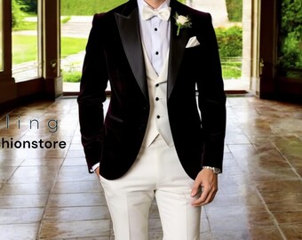 Men's Black Velvet Suit: Wedding Party Blazer, Off-White Pant & Vest