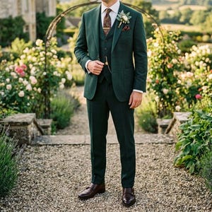 May include: A three-piece dark green suit with a white dress shirt and patterned tie. The suit includes a blazer, vest, and trousers. Brown leather shoes and a pocket watch complete the formal attire. A flower boutonniere is pinned to the lapel.