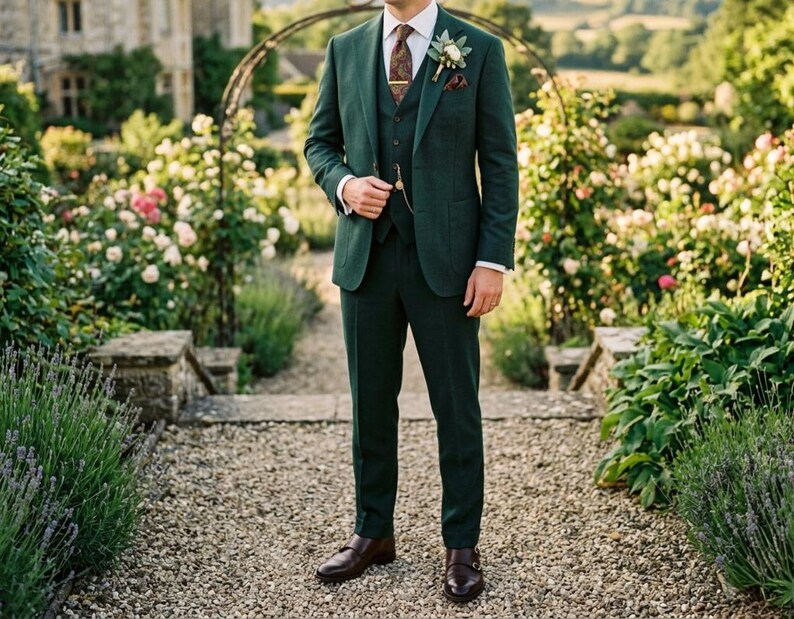 May include: A three-piece dark green suit with a white dress shirt and patterned tie. The suit includes a blazer, vest, and trousers. Brown leather shoes and a pocket watch complete the formal attire. A flower boutonniere is pinned to the lapel.