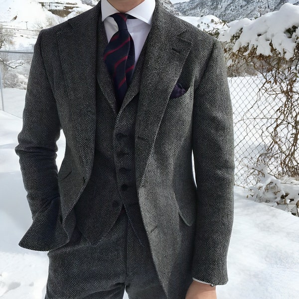 Gray Herringbone Tweed Suit - Herringbone Tweed Suit - Men Suit - Tweed Suit - Groom Wedding Wear Suit - Wedding Suit For Groom