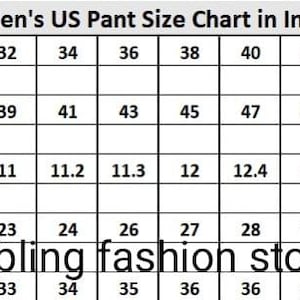 May include: A men's US pant size chart in inches. The chart includes measurements for pant waist, hip, front rise, thigh, and inseam, ranging from size 28 to 50. The text "bling fashion store" is at the bottom of the chart.