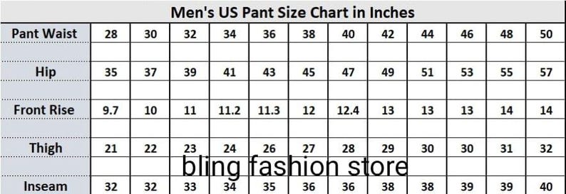 May include: A men's US pant size chart in inches. The chart includes measurements for pant waist, hip, front rise, thigh, and inseam, ranging from size 28 to 50. The text "bling fashion store" is at the bottom of the chart.