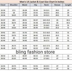 May include: A size chart for men's US jackets and coats, with measurements in inches. The chart includes sizes S to 3XL, detailing chest, shoulder, waist, hip, neck, sleeve, length, and height measurements. The "bling fashion store" logo is at the bottom.