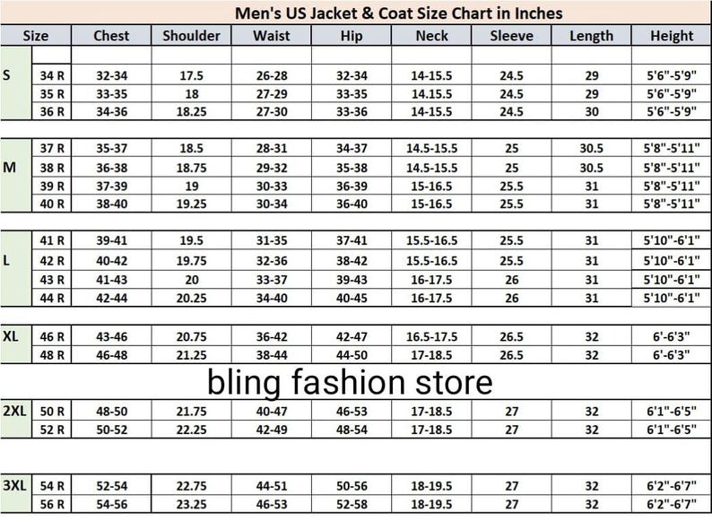 May include: A size chart for men's US jackets and coats, with measurements in inches. The chart includes sizes S to 3XL, detailing chest, shoulder, waist, hip, neck, sleeve, length, and height measurements. The "bling fashion store" logo is at the bottom.