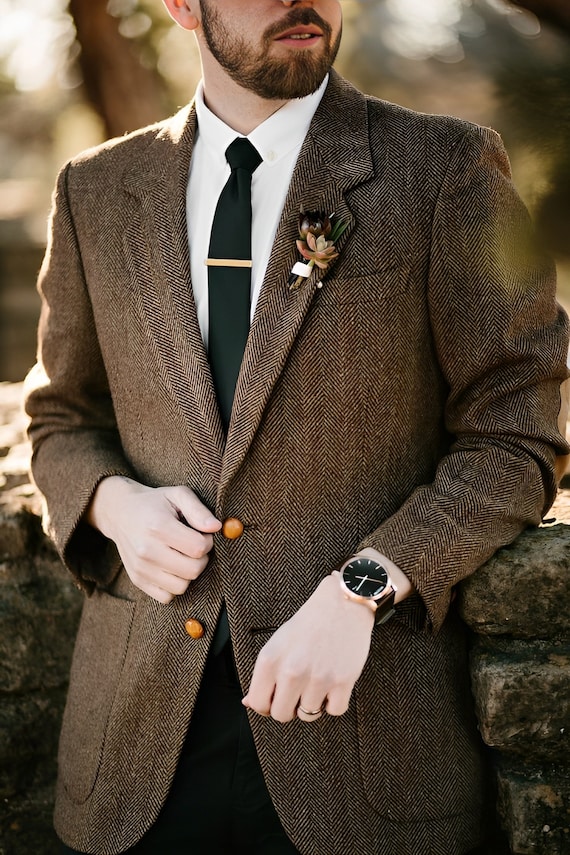 MEN'S BLAZER - Men Tweed Blazer - Herringbone Tweed Blazer - Brown Tweed  Blazer - Blazer For Groom - Groom Wedding Wear - Tweed Jacket Men