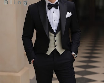 Black Tuxedo Suit Men: Three Piece Wedding Groom Attire