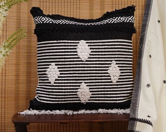 Black and White Hand Woven Designer Cushion Cover, decorative cushion cover, bohemian home decor, handcrafted pillow, living room decor