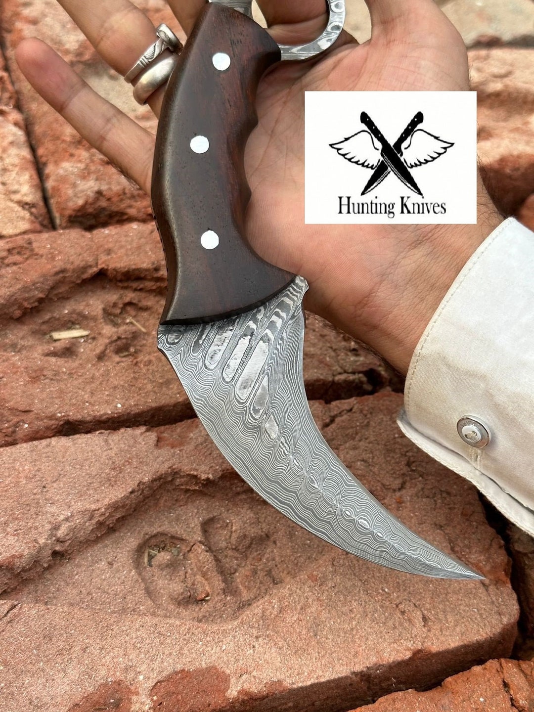 Damascus Karambit Curved Blade Full Tang Knife With Wood Etsy